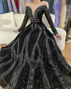 Arabic Elegant Black A Line Shiny Beaded Luxury Dubai Evening Dresses Gowns For Women Wedding Party 2025 LA72566