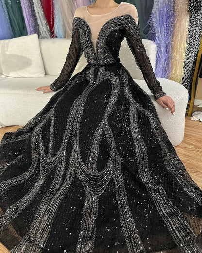 Vestidos de noche árabes elegantes negros de corte A con cuentas brillantes de lujo de Dubái para mujer, vestidos de fiesta de boda 2025 LA72566 