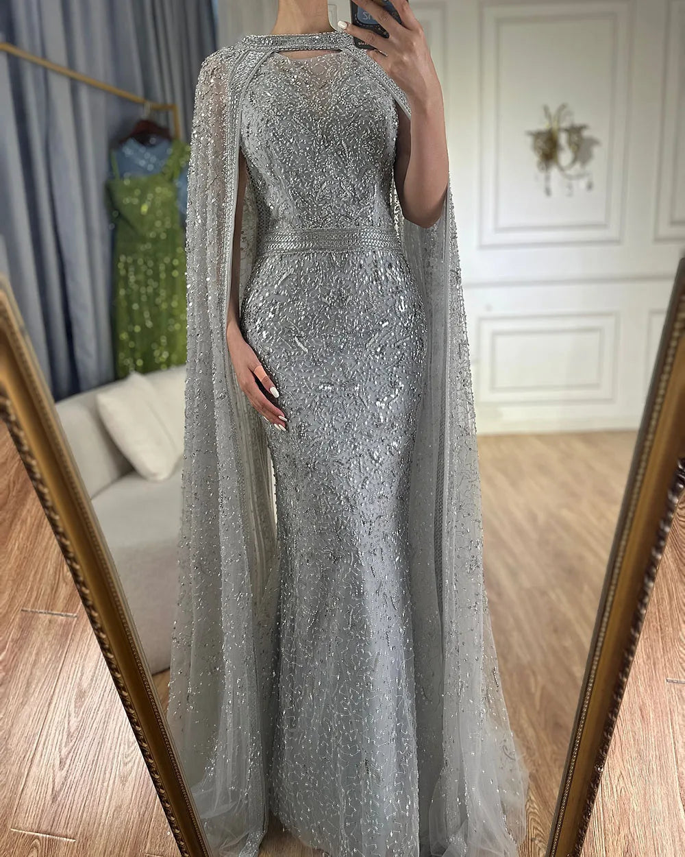 2025 Luxury Dubai Gray Arabic Mermaid Beaded Evening Gowns with Detachable Long Cape for Women's Party LA72180