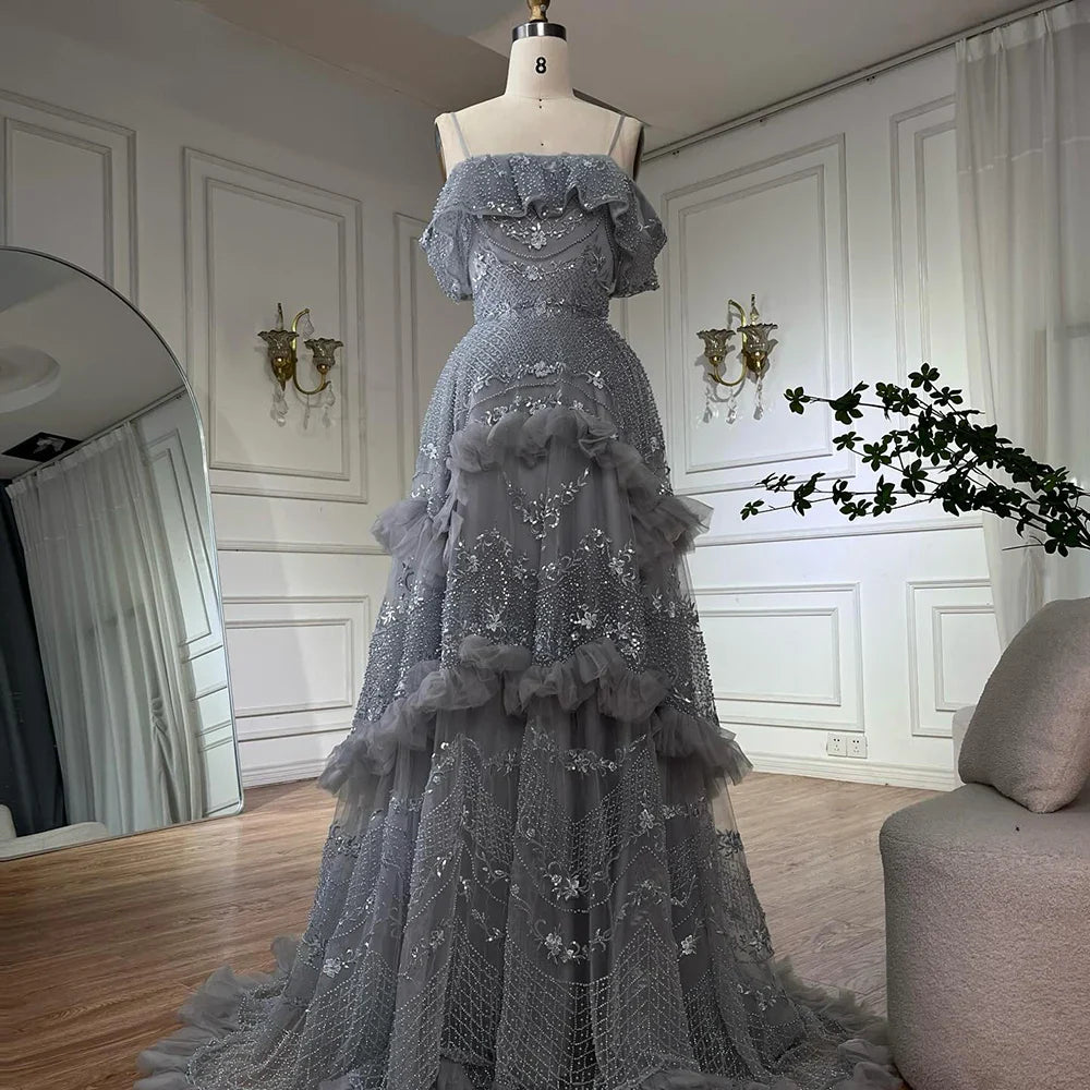 Luxuriöses schulterfreies Dubai-Abendkleid in Silbergrau LA72762