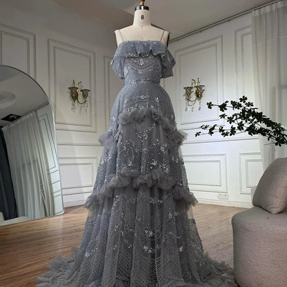 Luxuriöses schulterfreies Dubai-Abendkleid in Silbergrau LA72762