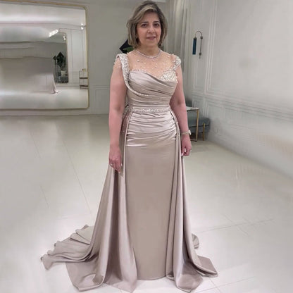 Elegante vestido de noche árabe de sirena color nude con sobrefalda de satén y cuentas, para mujer, 2025, para fiesta, LA71725 