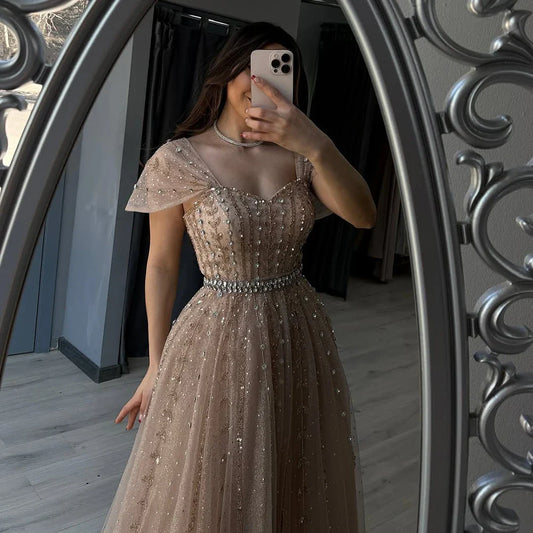 Vestido de noche azul corte A con cuentas y espalda descubierta LA72834