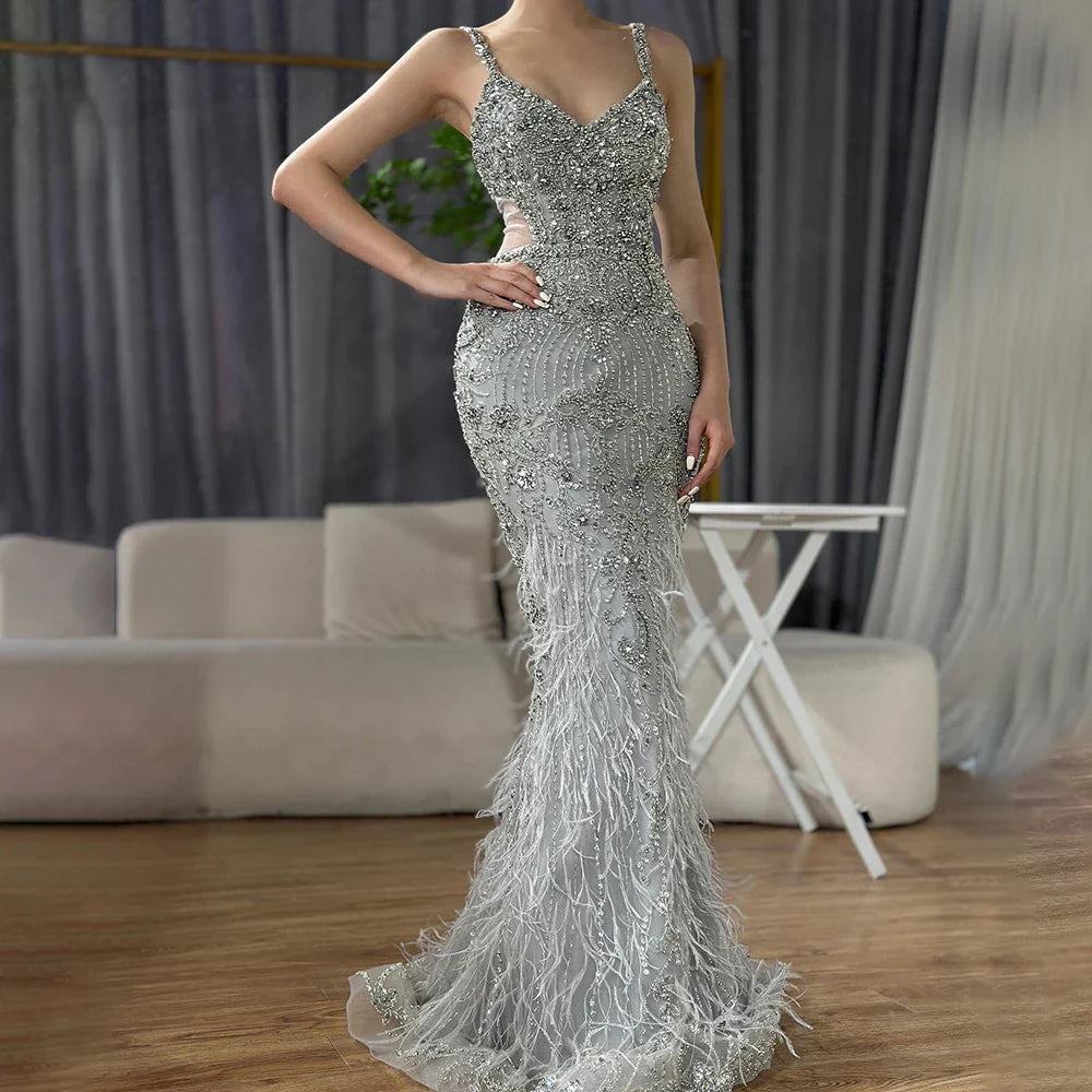 Arabic Grey Mermaid Spaghetti Straps Evening Dresses Gowns Luxury Beaded 2025 for Women's Wedding Party LA71652A