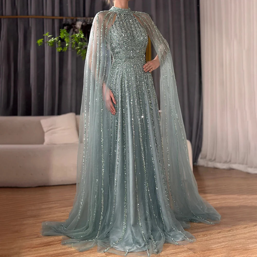 2025 Arabic Caramel A Line Cape Sleeve Beaded Luxury Saudi Evening Dresses Gowns For Formal Occasion LA72306B