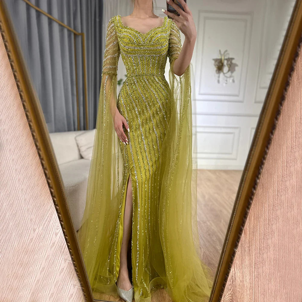 Vestido de noche azul de corte sirena con escote corazón y sobrefalda de cuentas - Vestidos de lujo para bodas de mujer 2025 LA72314 