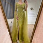 Vestido de noche azul de corte sirena con escote corazón y sobrefalda de cuentas - Vestidos de lujo para bodas de mujer 2025 LA72314 