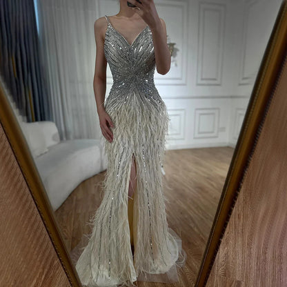 Vestido de noche estilo sirena árabe con tirantes finos, plumas divididas y cuentas, para mujer, para boda, fiesta, 2025, LA70623 