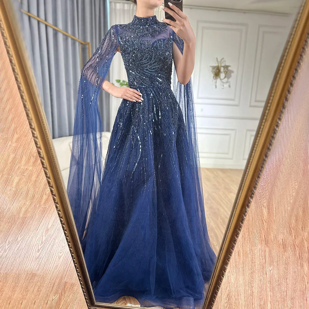 Karamellfarbenes Luxus-Abendkleid mit Cape-Ärmeln, A-Linie, Perlenbesetztes Spitzenkleid für die Hochzeitsfeier der Frauen 2025 LA72386 