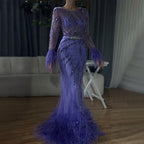 Elegante vestido de noche estilo sirena con plumas moradas y cuentas | Vestido de lujo para boda de mujer 2025 LA72367 