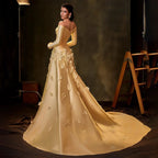 2025  Arabia Yellow A-Line Satin Strapless Appliques Evening Dresses Gowns for Formal Occasion LA72833