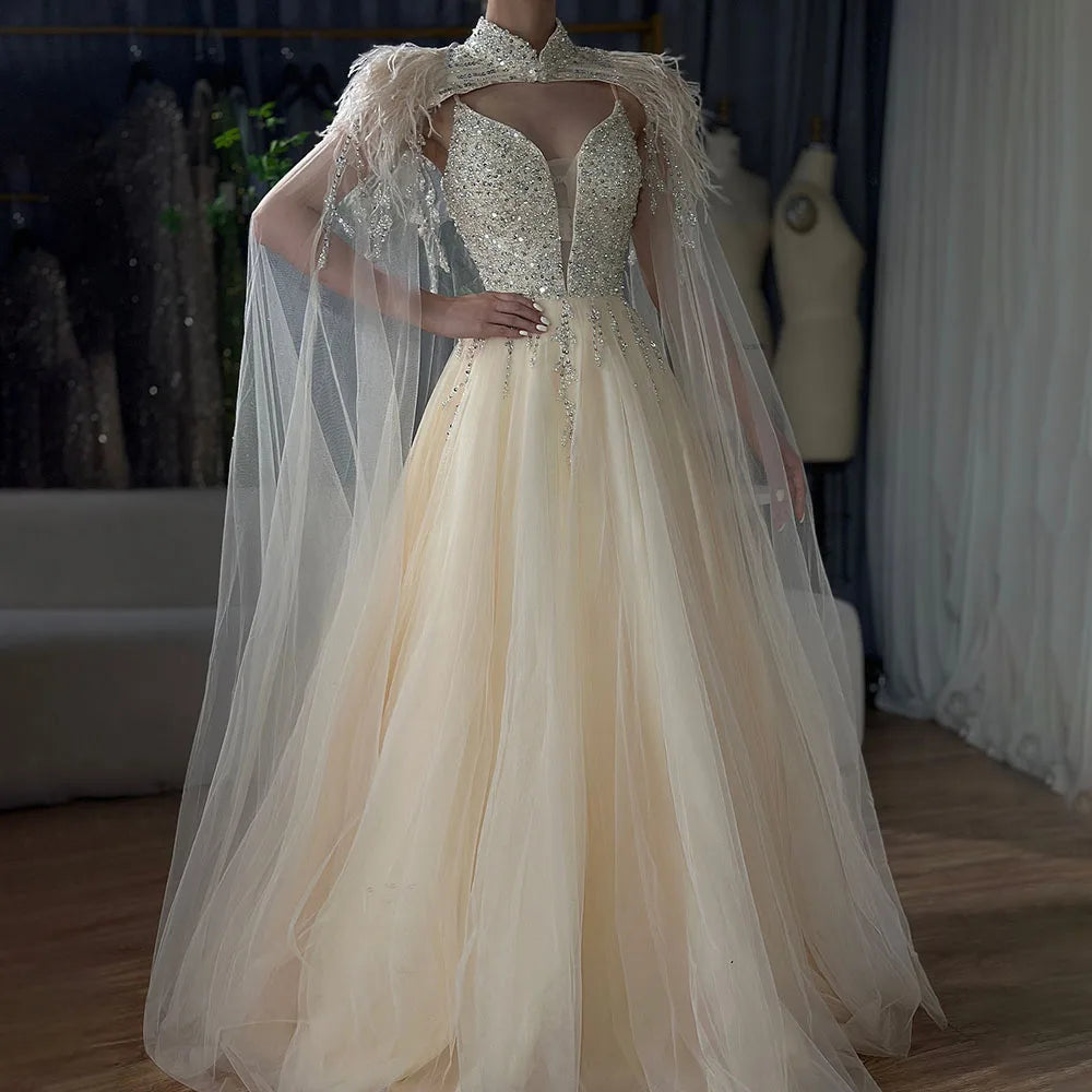 Arabic Beige A-Line Feathers Long Cape Luxury Beaded Saudi Evening Dresses Gowns for Formal Occasion 2025 LA72722