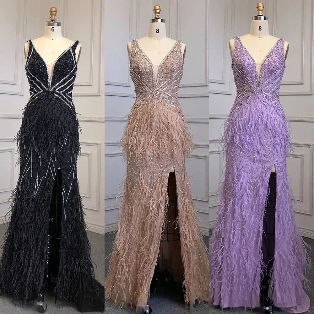 Vestido de noche dorado sexy de sirena con abertura alta, sin espalda, de lujo, con cuentas y plumas, 2025, para mujer, fiesta LA71583 