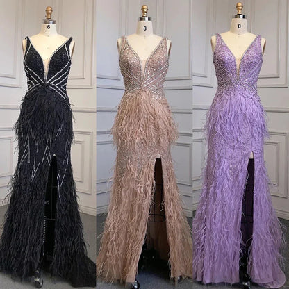 Vestido de noche dorado sexy de sirena con abertura alta, sin espalda, de lujo, con cuentas y plumas, 2025, para mujer, fiesta LA71583 