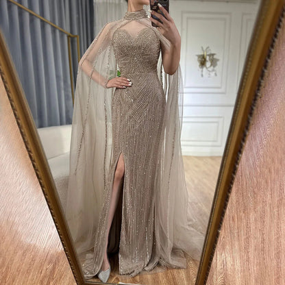 Vestido de noche largo de sirena con mangas abullonadas y abertura alta, con cuentas y escote tipo capa color caramelo para mujer, para fiesta LA72233 