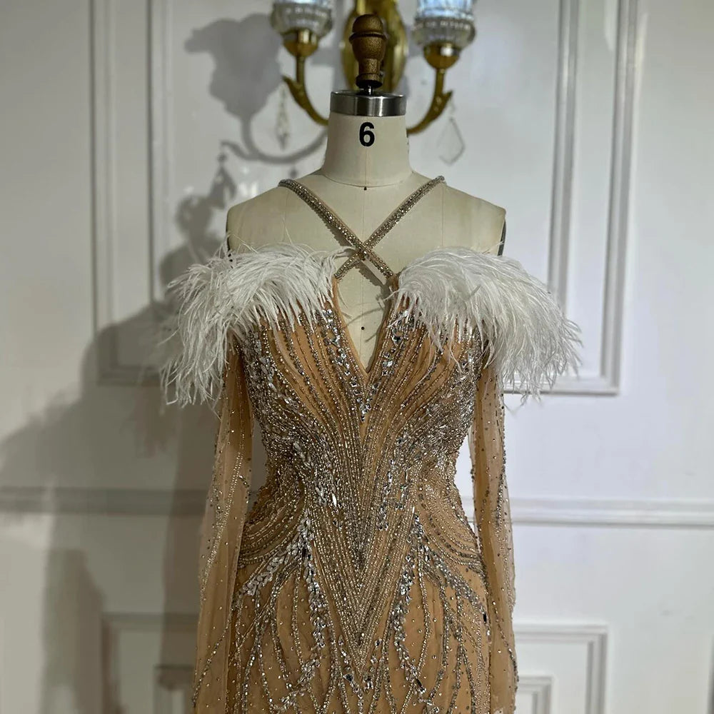 2025 Blue Feather Beaded Luxury Mermaid Evening Dresses Gowns for Women Formal Occasion LA72836