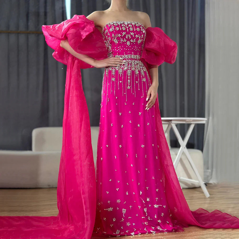 2025 Black Beaded Mermaid Evening Dresses Gowns with Puff Sleeves Overskirt for Formal Occasion LA72002