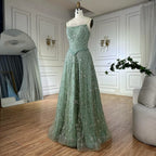Salbeigrünes A-Linien-Abendkleid mit Spaghettiträgern und Perlenbesatz LA72805 