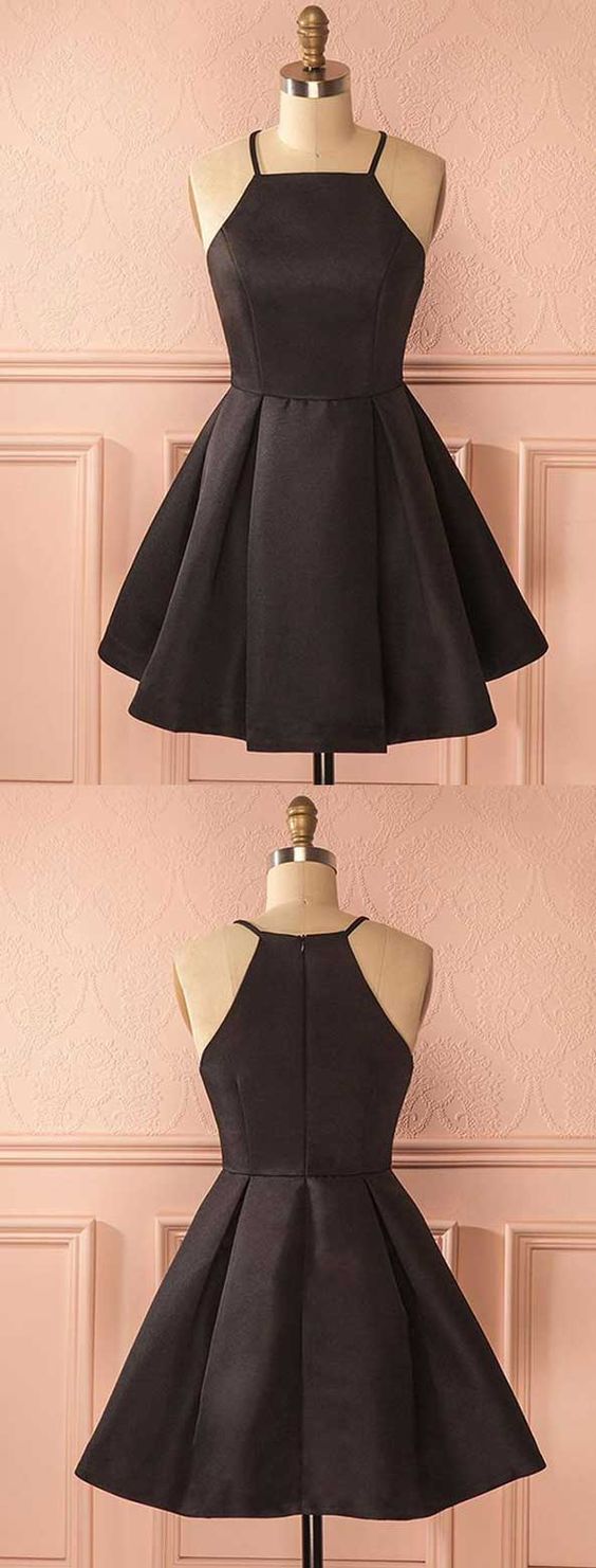 A-Linie, quadratischer Ausschnitt, kurzes schwarzes Satin-Heimkehrkleid mit Falten S414