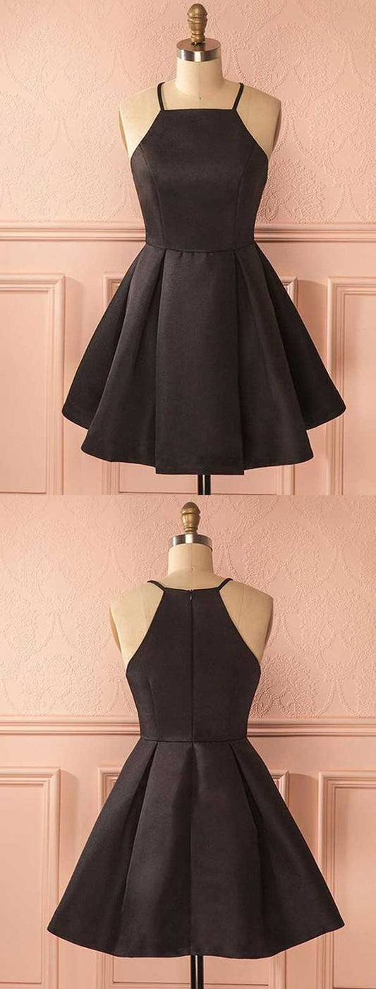 A-Linie, quadratischer Ausschnitt, kurzes schwarzes Satin-Heimkehrkleid mit Falten S414