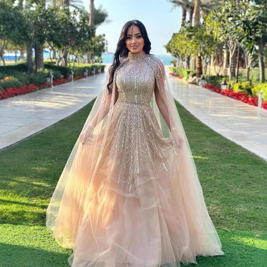 Vestido de noche azul con cuentas, corte A y mangas estilo capa LA72728