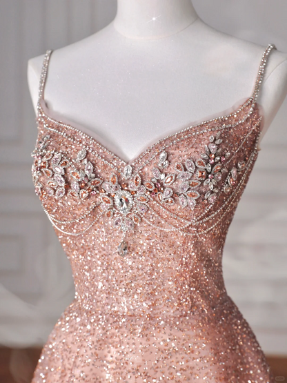 Vestido de fiesta de tul rosa brillante con lentejuelas y cuentas, tirantes finos, corte en A, Y8619