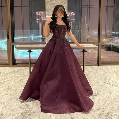 Vestido de noche morado de lujo cuadrado para fiesta LA72857