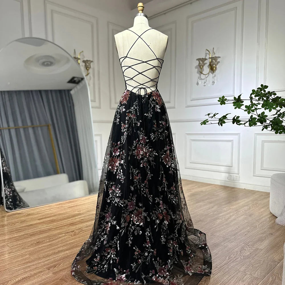 Vestido de fiesta de lujo con tirantes finos, corte A, negro y cuentas, para ocasiones formales, estilo árabe saudí LA72773 