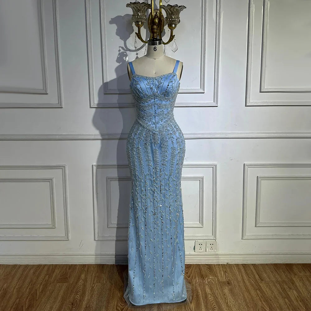 2025 Arabisches blaues Meerjungfrauenkleid mit Spaghettiträgern, luxuriöses perlenbesetztes Abendkleid aus Saudi-Arabien für formelle Anlässe LA72725 