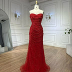 Vestido de noche largo estilo sirena con perlas y capa roja, ideal para ocasiones formales (2025, LA72585A) 