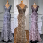 Braunes Meerjungfrauen-Abendkleid mit Perlen und Federn LA70801 