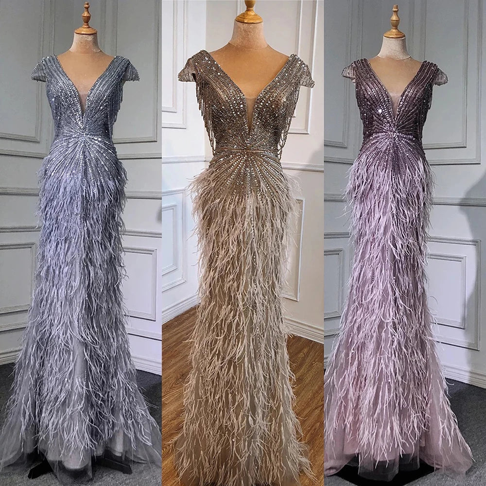 Vestido de noche elegante de sirena marrón con cuentas y plumas LA70801