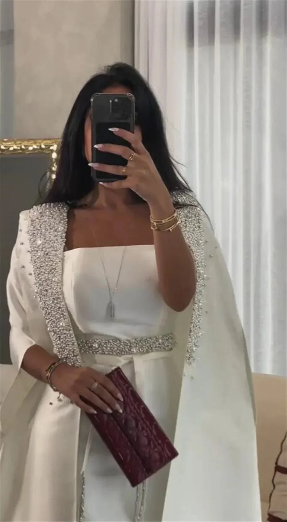Vestido de noche árabe de satén blanco estilo sirena 2025 con capa larga para ocasiones formales LA72825 