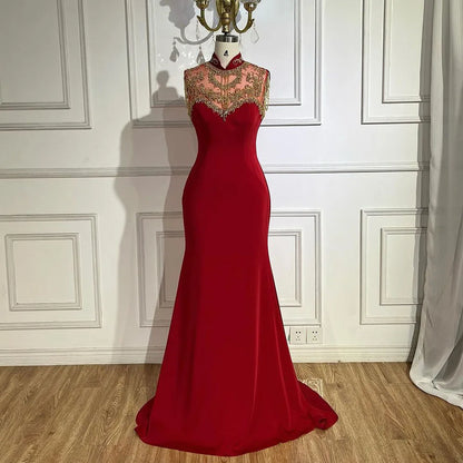 Elegante vestido de noche árabe de sirena color vino tinto con cuentas de satén de lujo estilo Dubái para mujer, vestido de fiesta de boda 2025 LA72556 