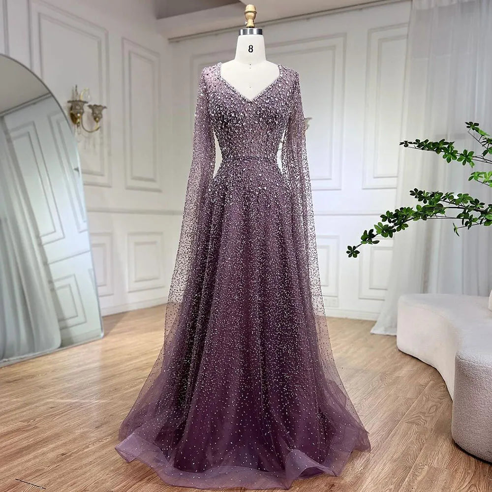 2025 Saudi Arabic Caramel Beaded Cape Sleeves A Line Evening Gown for Formal Occasion LA72147A