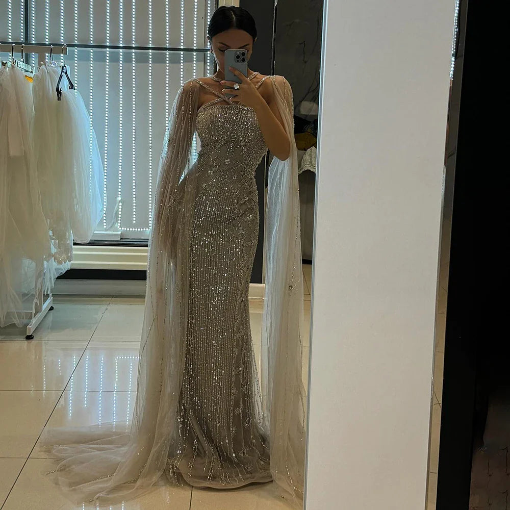 Karamell Elegante Cape-Ärmel Perlen Meerjungfrau Luxus Dubai Abendkleider Kleider Für Frauen Hochzeit Party 2025 LA71905B 