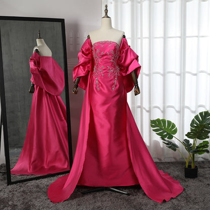 Vestido de noche árabe fucsia de satén con escote sirena, sin tirantes y chaqueta con cuentas, para mujer, boda, fiesta, LA71896 