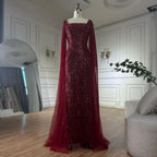 2025 Saudi Arabic Turquoise Mermaid Evening Dress With Pearls Beaded Cape Sleeves For Formal Occasion LA72590A
