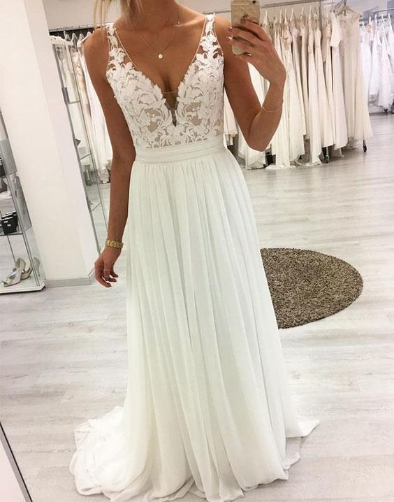 White v neck lace chiffon long prom dress white lace evening dress S4622