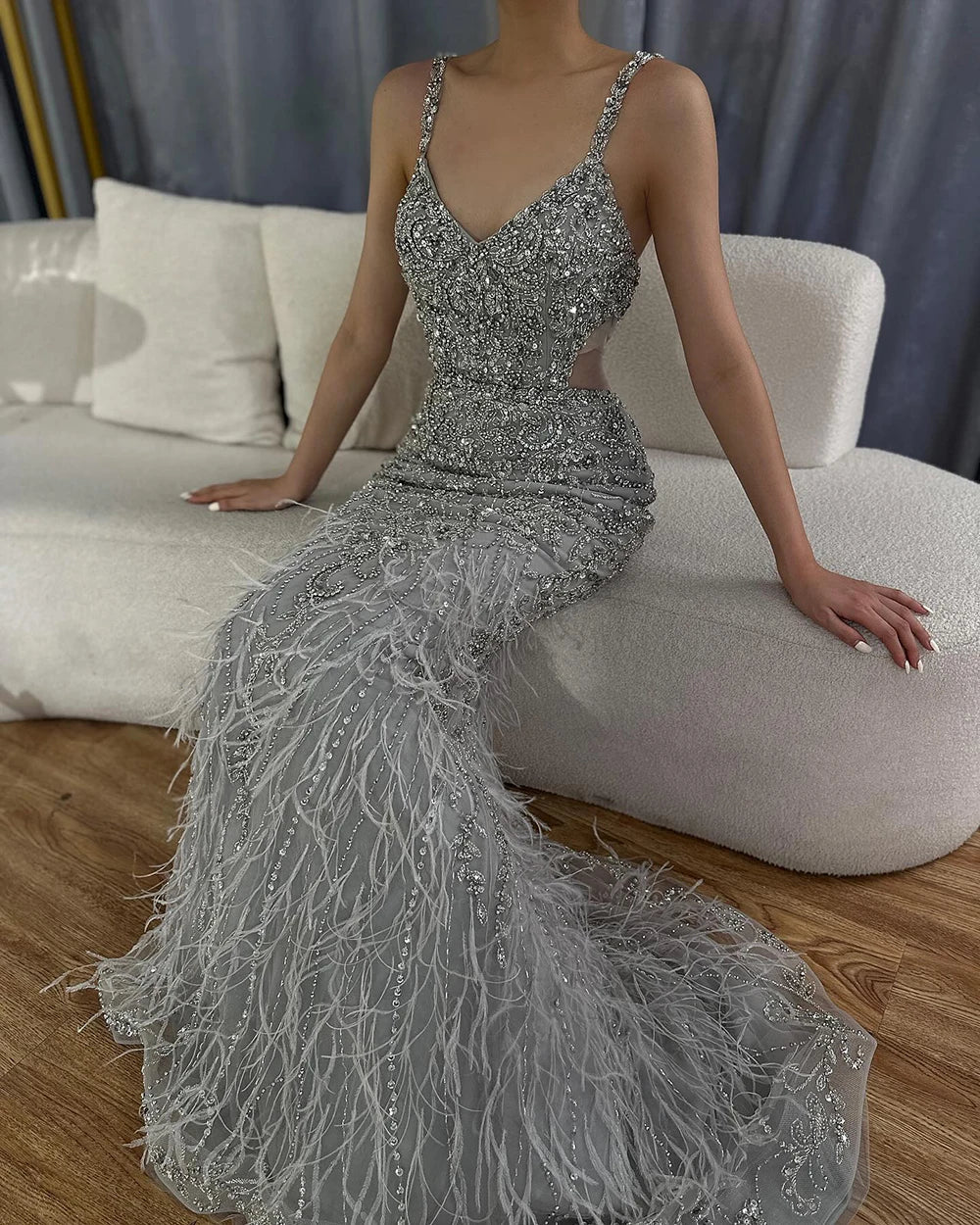 Arabisch Grau Meerjungfrau Spaghetti-Trägern Abendkleider Kleider Luxus Perlen 2025 für Frauen Hochzeit Party LA71652A 