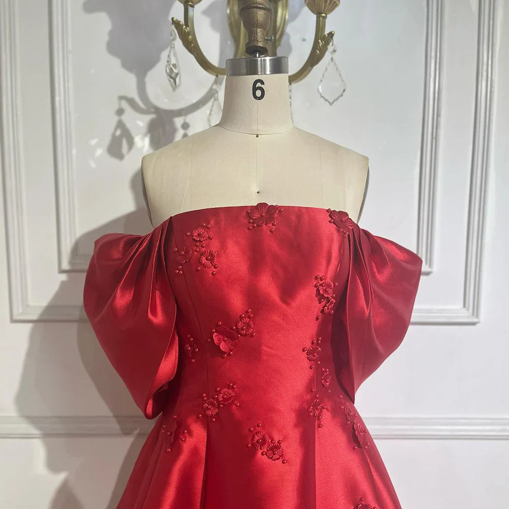 Elegantes schulterfreies rotes Abendkleid mit 3D-Blumen LA72778