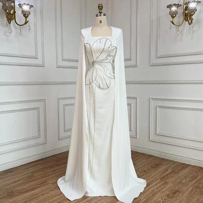 Vestido de noche elegante estilo sirena árabe negro con mangas estilo capa y cuentas de satén de lujo estilo Dubái para mujer, vestido de fiesta LA72461 