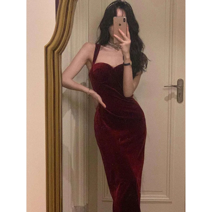 Vestido de terciopelo vintage sin mangas para mujer, vestido ajustado sexy con tirantes finos, elegante vestido de noche Y1654