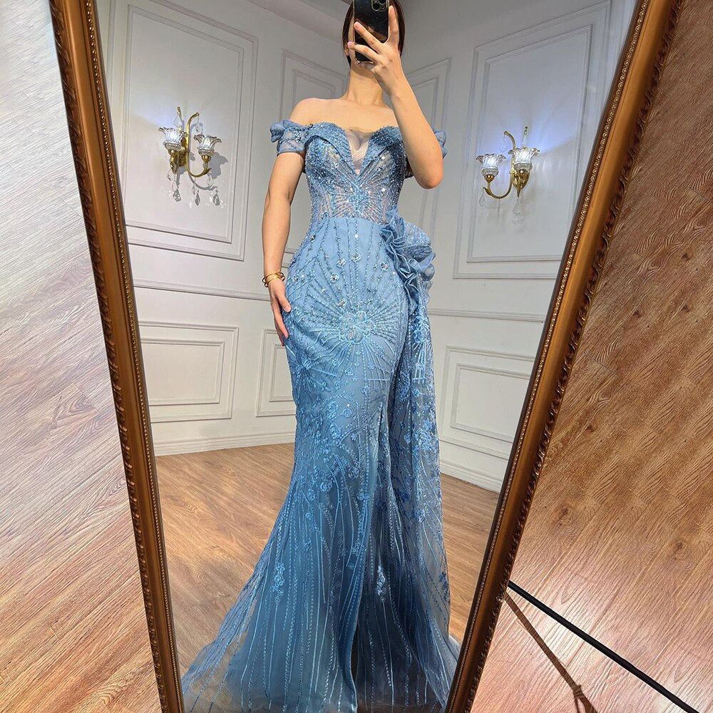 Vestido de noche formal con encaje de sirena azul y cuentas, con sobrefalda o para fiesta de boda, LA72042 