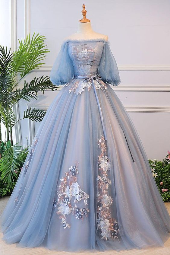 Einzigartiges langes Ballkleid aus blauem Tüll mit Spitze, blaues Abendkleid S13770