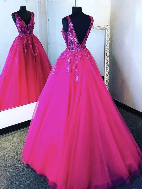 V-Ausschnitt Hot Pink Tüll Spitze Ballkleider Rückenfrei Hot Pink Floral Formale Abendkleider S23094
