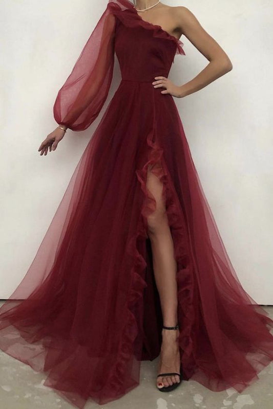 Vestido de fiesta de tul burdeos con un solo hombro S19581