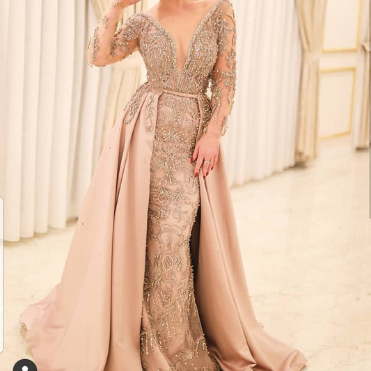Champagne prom dresses long sleeve beading sequins detachable train crystal beading evening dresses S23375
