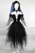 VESTIDO DE FIESTA CORTO DE TUL CON CUELLO REDONDO Y ENCAJE NEGRO VESTIDO DE NOCHE NEGRO S14739