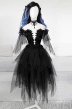 VESTIDO DE FIESTA CORTO DE TUL CON CUELLO REDONDO Y ENCAJE NEGRO VESTIDO DE NOCHE NEGRO S14739